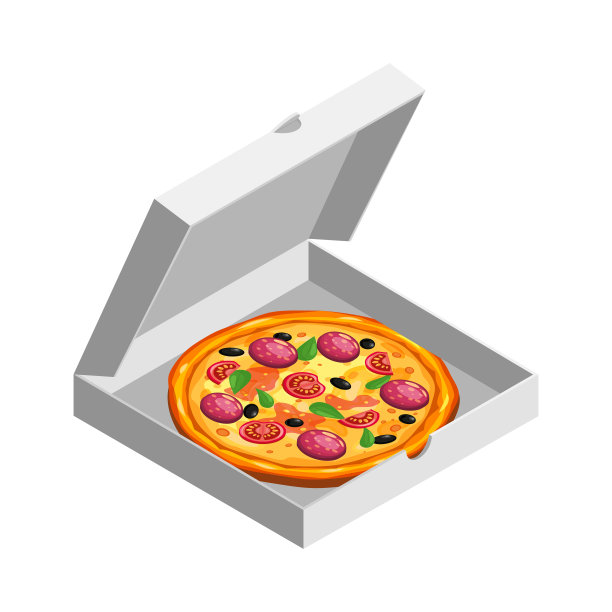 披萨等距在开放的白色硬纸板箱。包装模板、送货、平面设计。向量图片下载