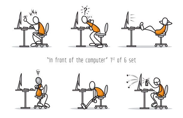 在电脑前摆出不同姿势的简笔画。卡通人物有不同的态度。矢量插图。图片下载