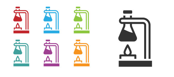 火焰加热器上的黑色玻璃试管烧瓶实验图标隔离在白色背景上。实验室设备。设置图标丰富多彩。向量图片下载