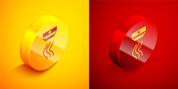 烟雾报警系统图标隔离在橙色和红色背景。感烟探测器。圆按钮。向量图片下载