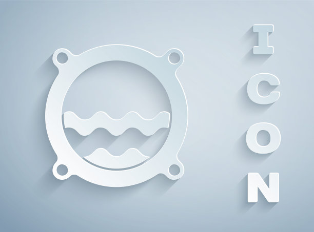 剪纸船舷窗与铆钉和海景外的图标孤立在灰色背景。纸艺术风格。向量图片下载