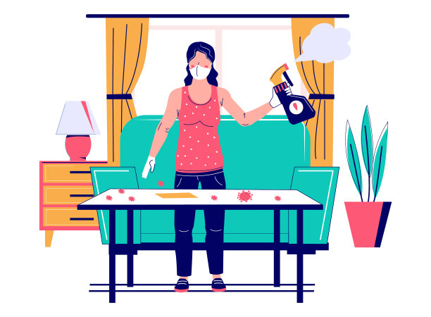 妇女戴着口罩和手套清洁桌子表面图片下载