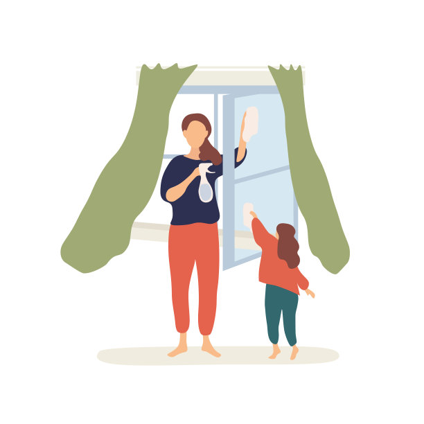 带着孩子洗窗户的妇女图片下载