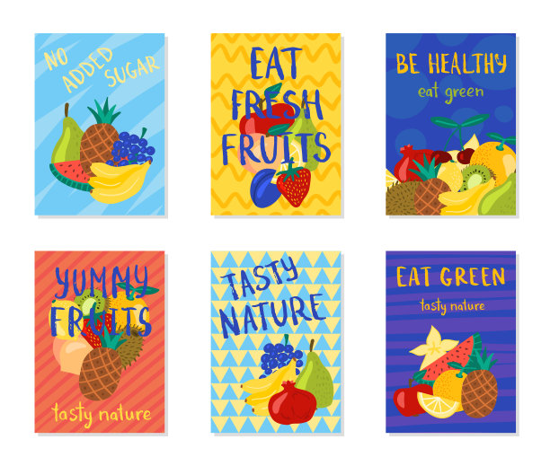 卡通颜色健康食品概念模板海报横幅卡片套。向量图片下载