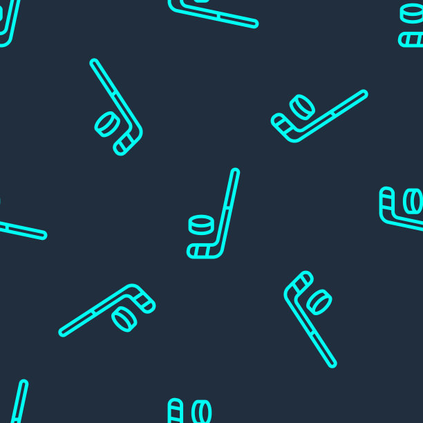 绿线冰球棍和冰球图标孤立无缝模式上的蓝色背景。向量图片下载