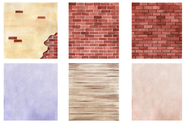 用水彩画的一套墙面。砖、涂料、石膏。墙结构图片下载