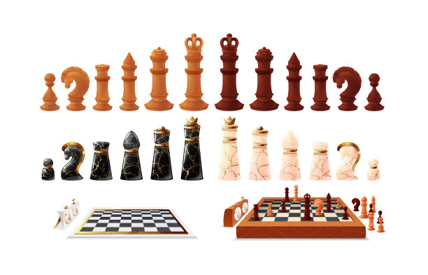 在国际象棋棋盘上的一套木制和大理石象棋游戏棋子和数字。带有数字和时钟的棋盘。棋类游戏，战术逻辑运动游戏，棋类锦标赛，爱好矢量图片下载