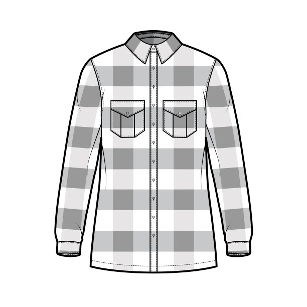 木材夹克技术时尚插图与布法罗格子图案，超大的身体，皮瓣口袋，经典的衣领图片下载