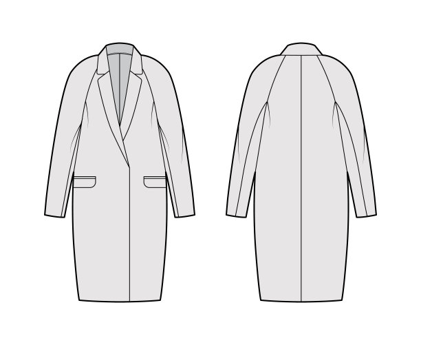 蚕茧夹克技术时尚插图与缺口翻领，超大，长插肩袖，皮瓣口袋图片下载