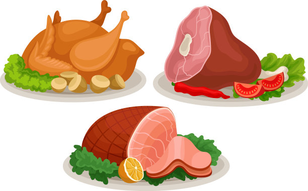 烤鸡和羊肉火腿盛在盘子里图片下载