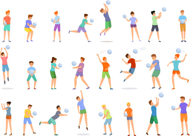 孩子们玩排球图标设置卡通风格图片下载