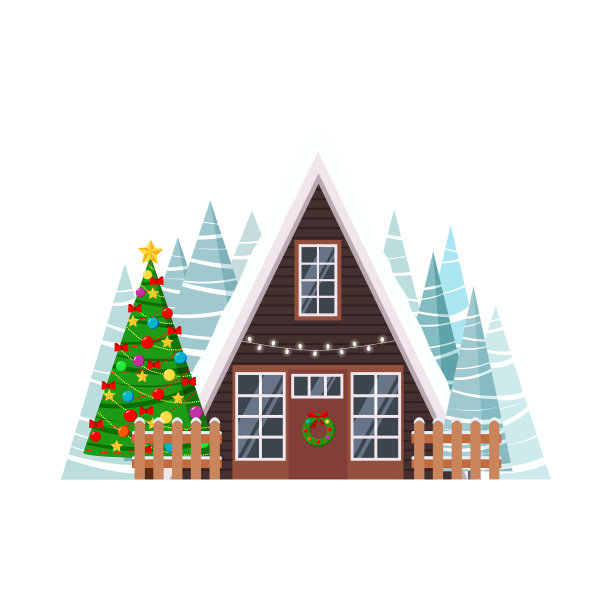 圣诞屋正面与云杉孤立图片下载