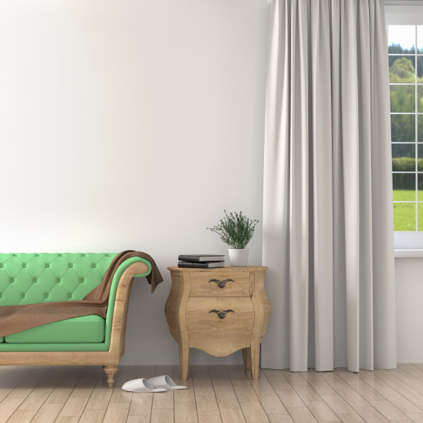 这是一幅普罗旺斯风格的室内插图，一个木制的床头柜旁边是一个绿色的复古沙发。一个模型墙。三维渲染图片下载