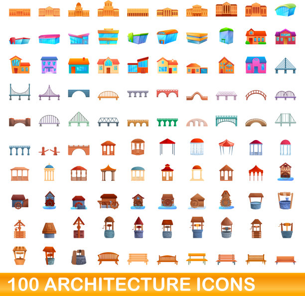 100个建筑图标设置卡通风格图片下载