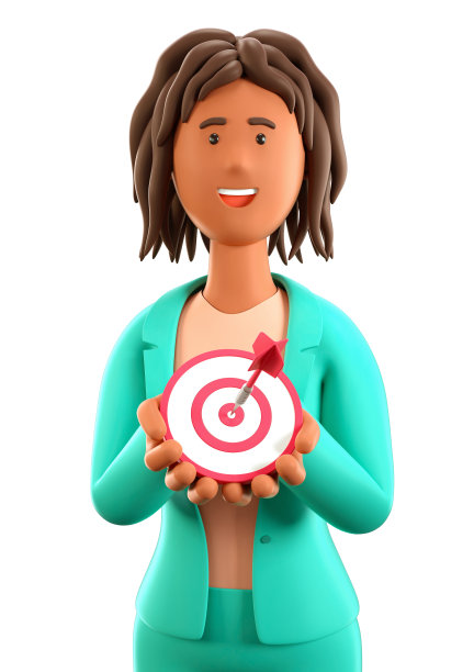 3D插图的非洲裔美国妇女在她的手中拿着一个现代目标与一个飞镖在中心，箭头在靶心。卡通愉快的女商人达到目标。客观的程度。图片下载