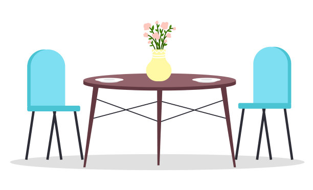 椅子，桌子，花瓶里插着花和两种食物图片下载