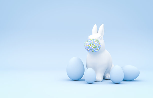 复活节彩蛋背景与戴口罩的兔子预防冠状病毒。图片下载