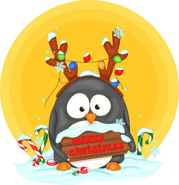 可爱的彩色卡通企鹅在雪与标志图片下载