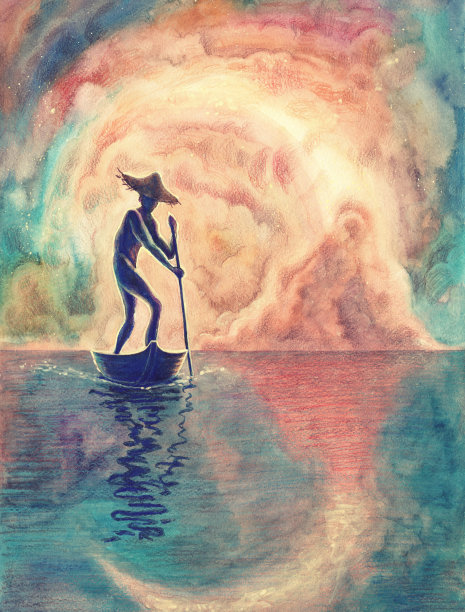 水彩河上有木筏上的人的剪影画艺术，船夫在船上的画，船夫在水面上用倒影手绘插图。图片下载