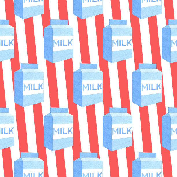无缝模式与纸盒牛奶。创造性的斯堪的纳维亚幼稚的纹理。水彩插图上条纹背景。非常适合织物，纺织品，网站，墙纸，包装，印刷品，卡片。图片下载
