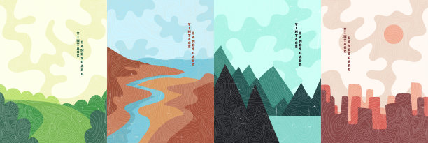 矢量插图景观。日本线波模式。山的背景。亚洲风格。海报、封面、室内、明信片设计。刮花旧纸效果。线的艺术。草甸,城市图片下载