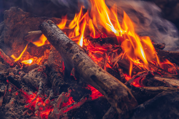 露营火舒适的特写视图。户外野生动物的生活方式。在火焰中燃烧的木头储存了照片图片下载