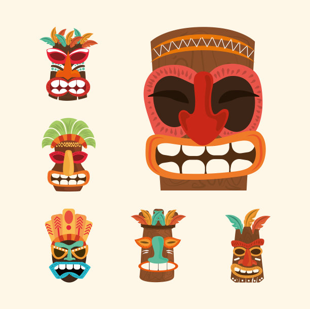 Tiki面临的图标设置异国情调的装饰孤立图片下载