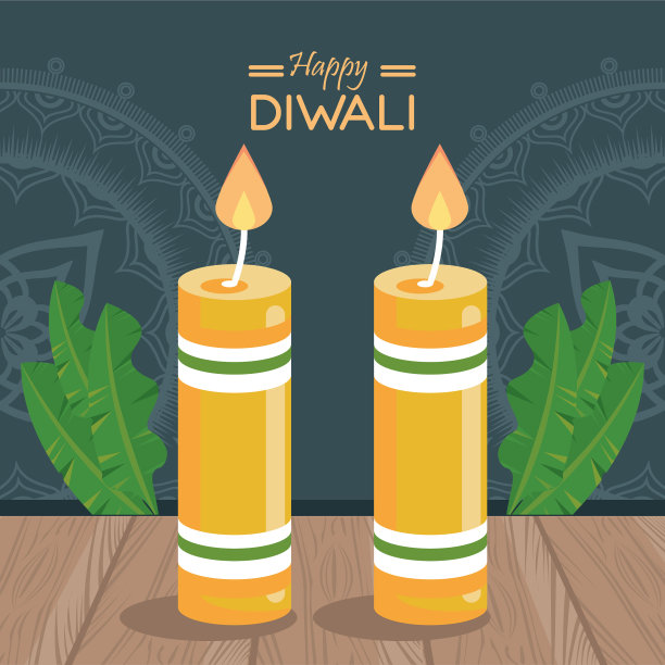 用两根木制蜡烛庆祝排灯节快乐图片下载