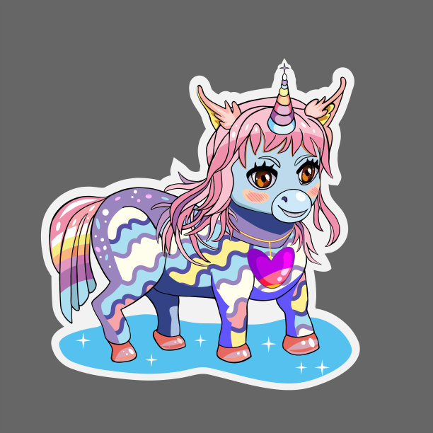 独角兽小马在彩虹颜色与白色轮廓孤立在灰色背景。矢量图图片下载