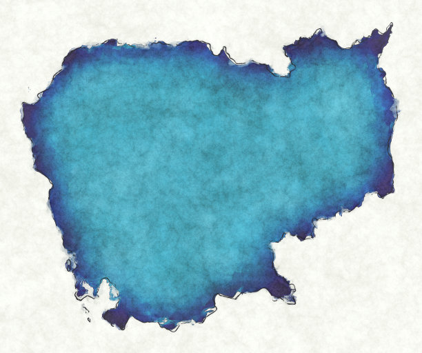 柬埔寨地图与绘制线和蓝色水彩插图图片下载