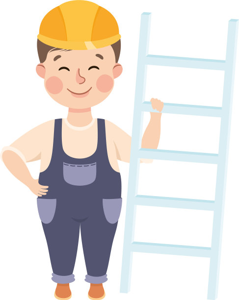 可爱的建筑工和梯子小男孩戴着安全帽图片下载