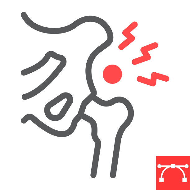 髋关节疼痛线图标，骨关节炎和损伤，髋关节发育不良矢量图标，矢量图形，可编辑的中风轮廓符号，eps 10。图片下载