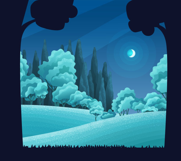 森林之夜，矢量艺术卡通插图。山丘和高大的松树林在地平线上图片下载