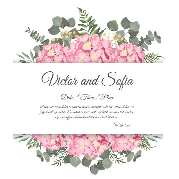 婚礼请柬的花卉设计。粉红色的绣球花图片下载