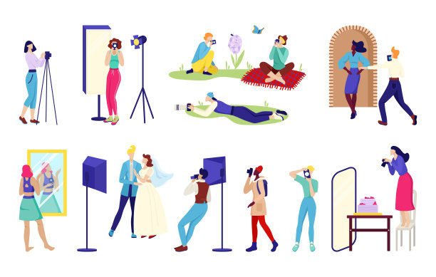 摄影师元素的专业工作室，矢量插图。女人和男人性格一起工作收集。创建卡通照片图片下载