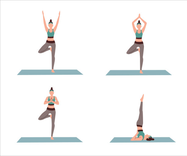 一套年轻女子做瑜伽孤立的白色背景平面矢量插图。瑜伽在家健康的生活方式。图片下载