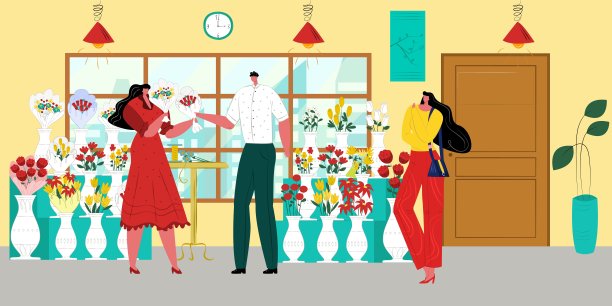 花店，男人女人在商店，矢量插图。花店人物捧花束，扁女买卡通植物。专业的工作图片下载