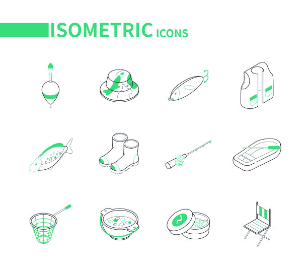 钓鱼设备-现代线等距图标设置图片下载
