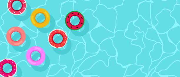 暑假海报设计。救生圈、浮浮筒在波浪形的泳池旗帜背景下游泳。儿童水池玩具西瓜，甜甜圈，印刷平面设计图片下载