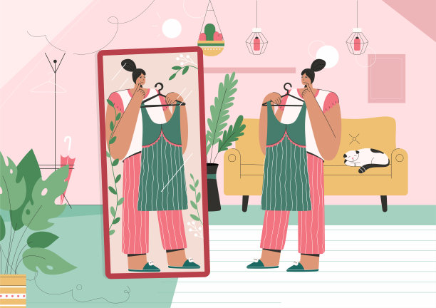 时尚女孩站在镜子前选择新衣服图片下载