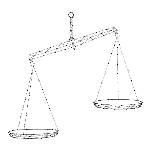 天平平衡药房，象征正义的抽象未来多边形黑线和点。矢量插图。图片下载