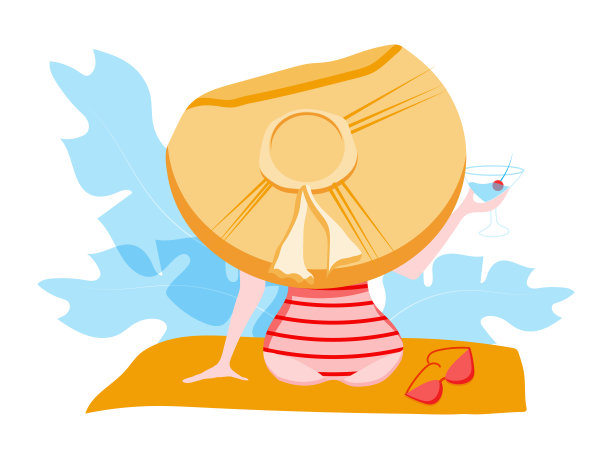 那个女孩戴着帽子，戴着玻璃杯，坐在毛巾上。矢量插图在一个平坦的风格。海滩。夏天。穿着条纹泳衣度假的女孩。旅行。图片下载