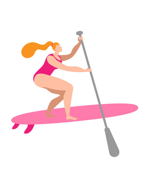 一个穿着泳衣拿着桨的女孩站在冲浪板上。图片下载