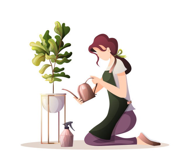 妇女与浇水可以照顾室内植物。家庭花园，温室，园艺，植物爱好者的概念。图片下载