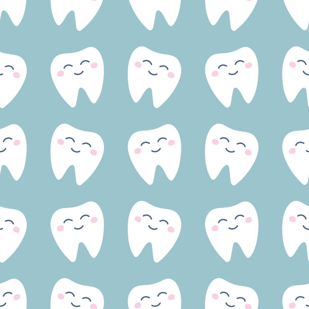 可爱的白色牙齿和粉红色的脸颊在浅绿色的背景。平面风格的矢量无缝模式图片下载