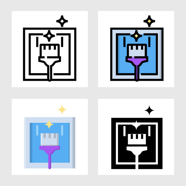 玻璃擦拭图标设计在填充，细线，轮廓和扁平的风格。图片下载