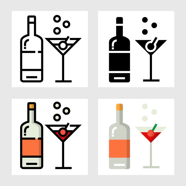 葡萄酒杯和酒瓶图标矢量设计（实心、细线、轮廓和扁平风格）图片下载