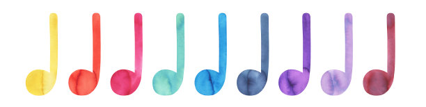 水彩音乐音符符号的各种色调:黄色，橙色，红色，青色，浅蓝色，海军蓝，丁香，紫罗兰等。手绘水彩图形绘制，剪贴艺术元素设计装饰。图片下载
