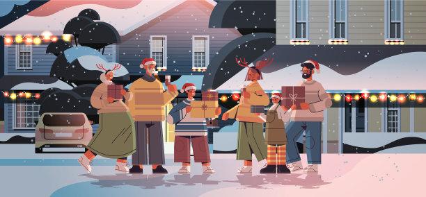 家人带着礼物站在装饰好的房子旁边图片下载