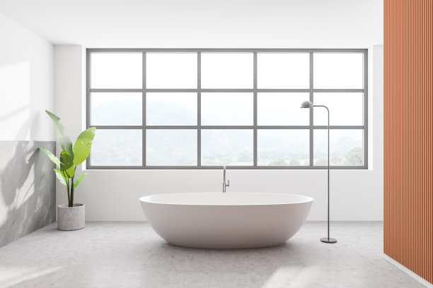 现代浴室的内部有白色和木制的墙壁，混凝土地板，和舒适的白色浴缸。图片下载